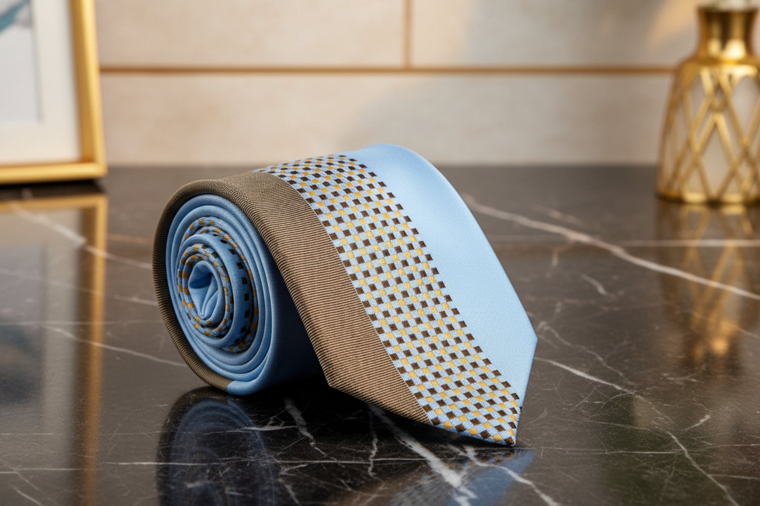 A Light Blue and Light Brown Abstract Shaped Pattern Necktie  