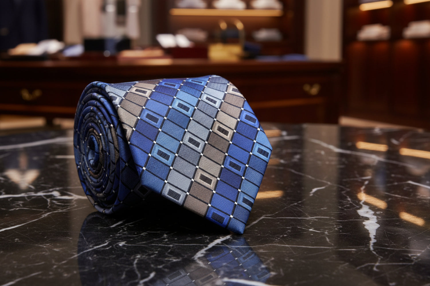 A Blue, Grey Geometric Pattern Necktie 