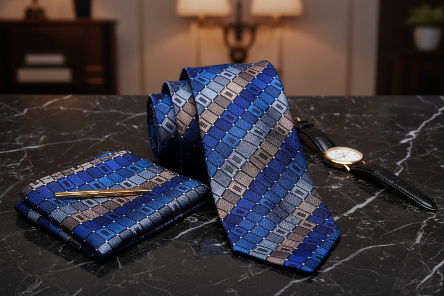 Alt View: A Blue, Grey Geometric Pattern Necktie, Matching Pocket Square 