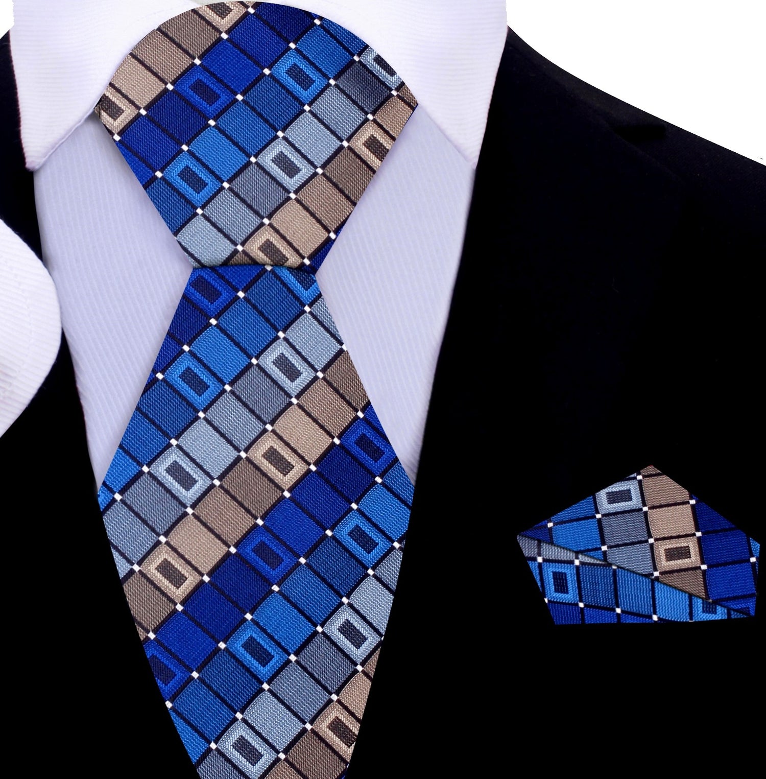 A Blue, Grey Geometric Pattern Necktie, Matching Pocket Square 