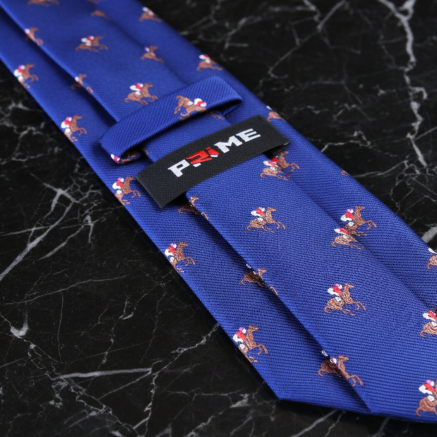 Blue, Brown, Red Racehorse and Jockey Tie Showing Tie Keep