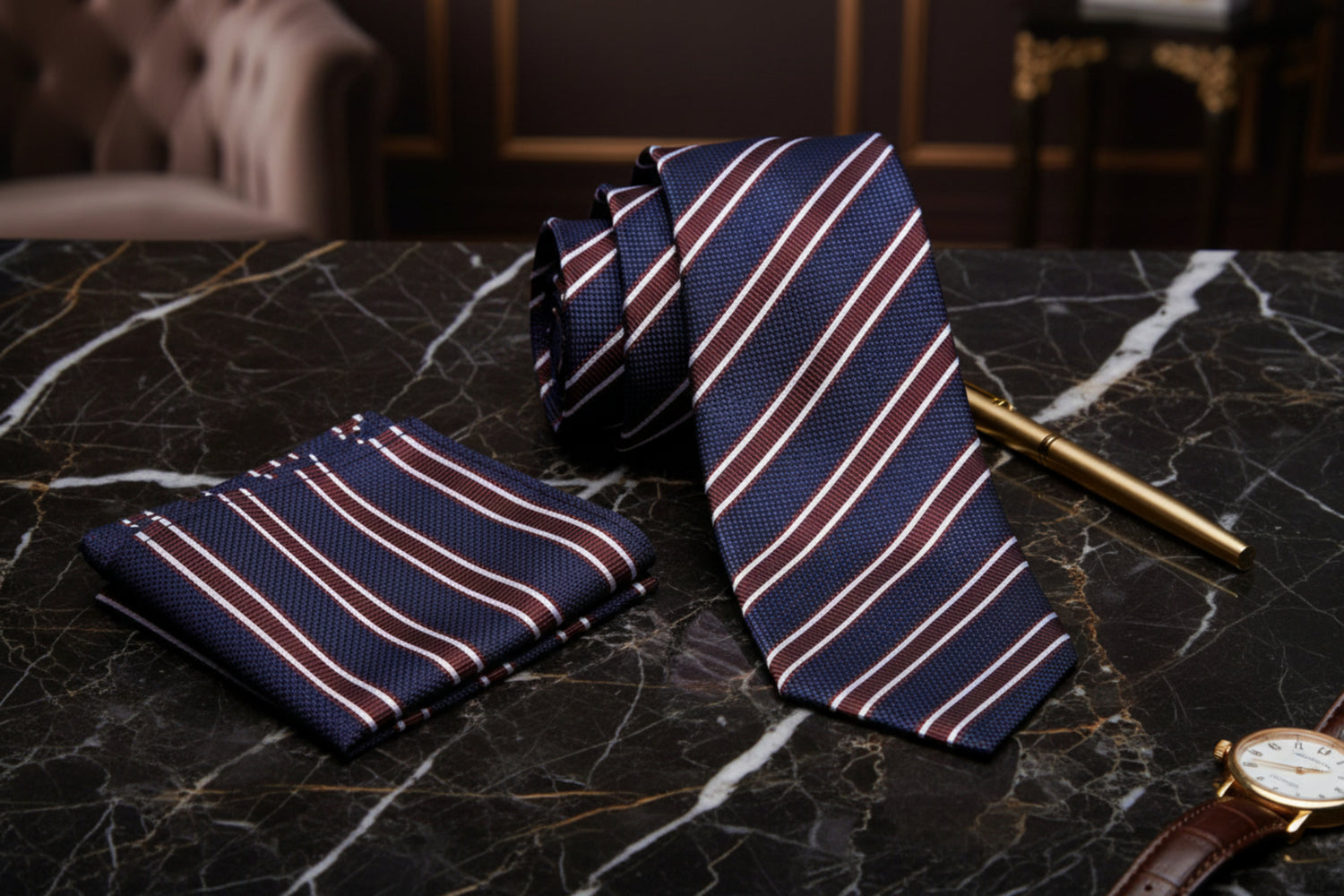 Alt View: A Dark Blue, Dark Brown, White Stripe Pattern Necktie, Pocket Square