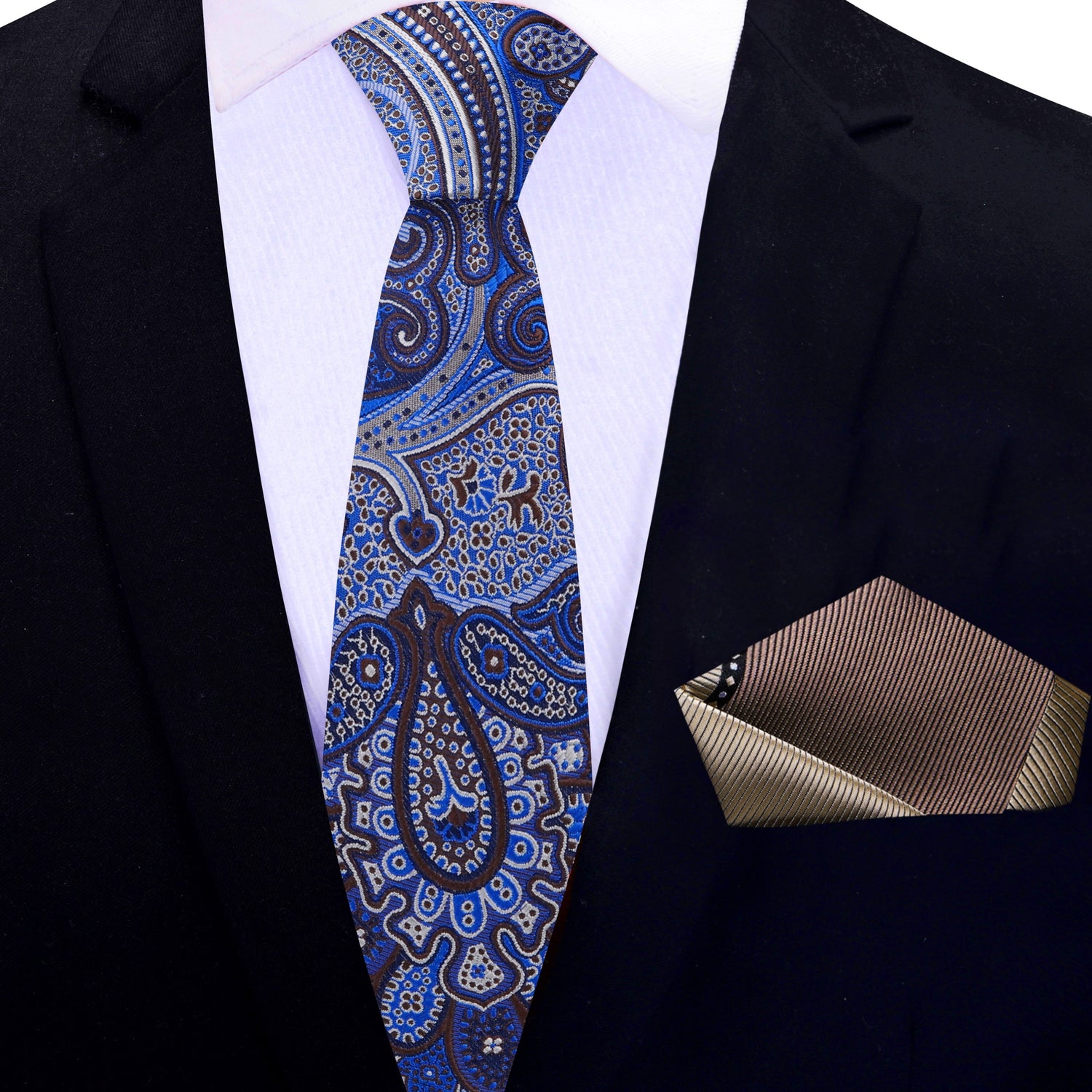 Thin Tie: Blue Brown Paisley Tie and Pocket Square