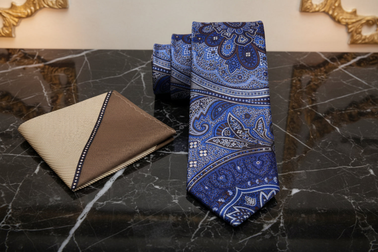 Alt View: Blue Brown Paisley Tie and Pocket Square
