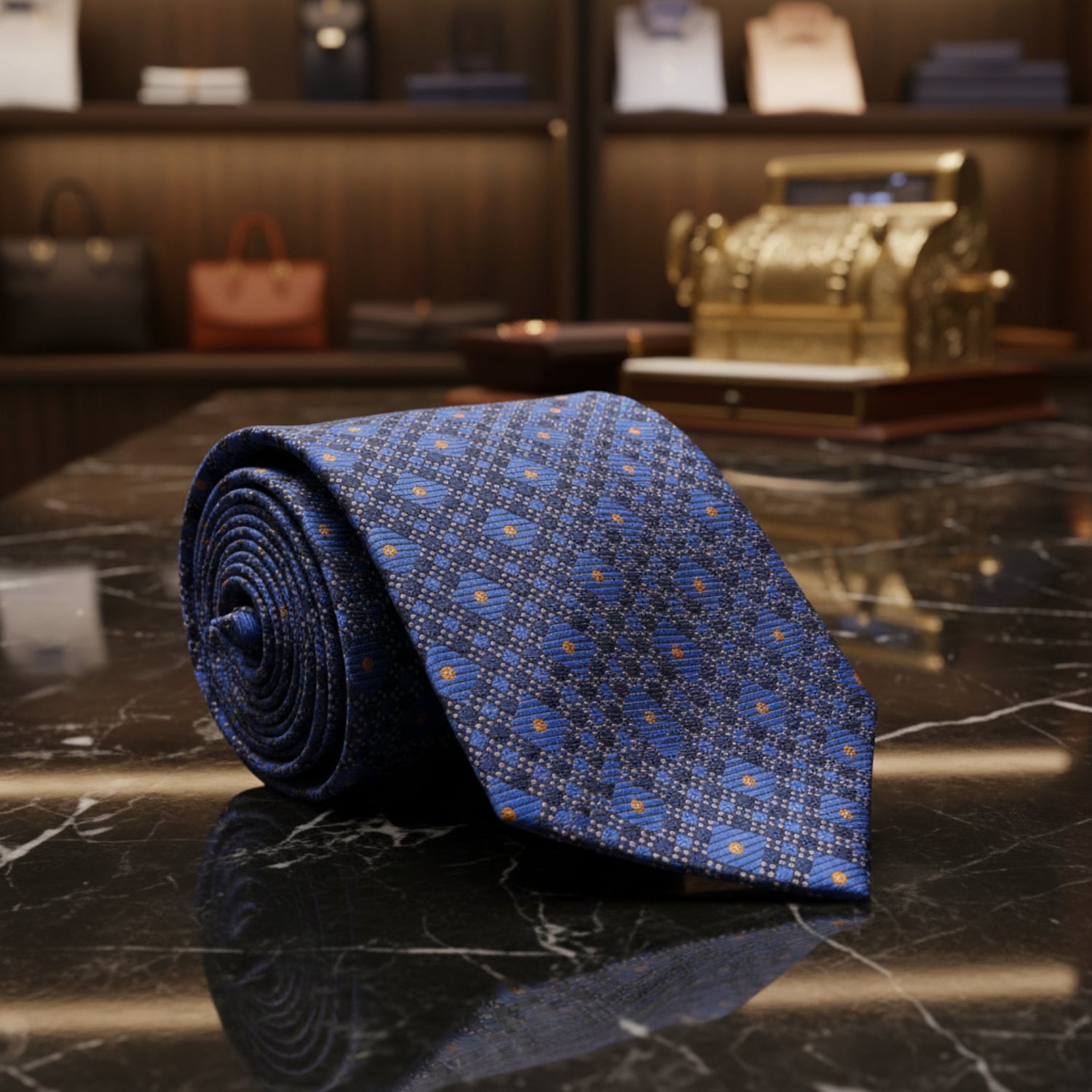 Single Tie: Tie Keep: Blue, Yellow Gold Geometric Tie