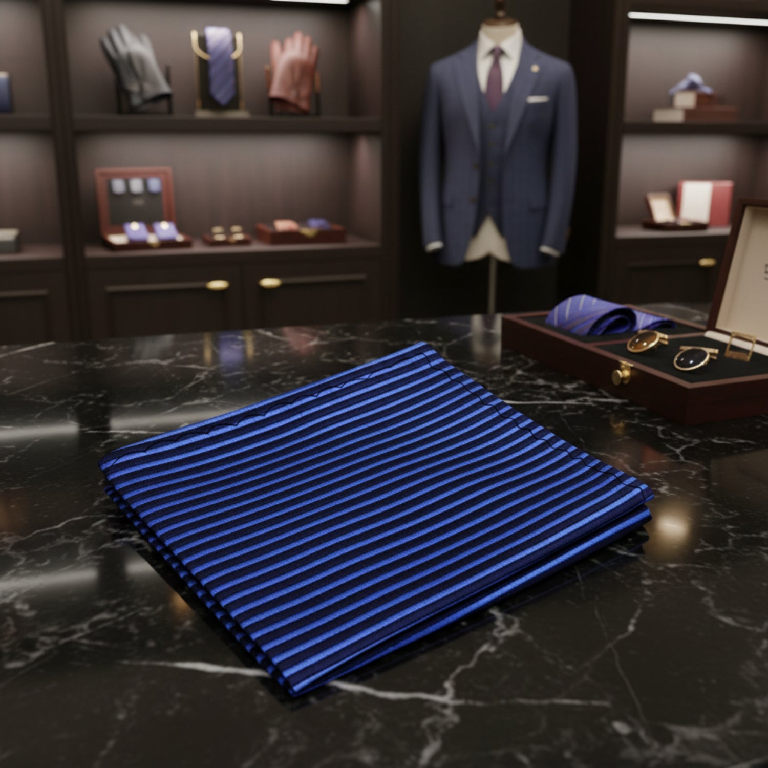 A Dark Blue, Blue Pinstripe Pocket Square
