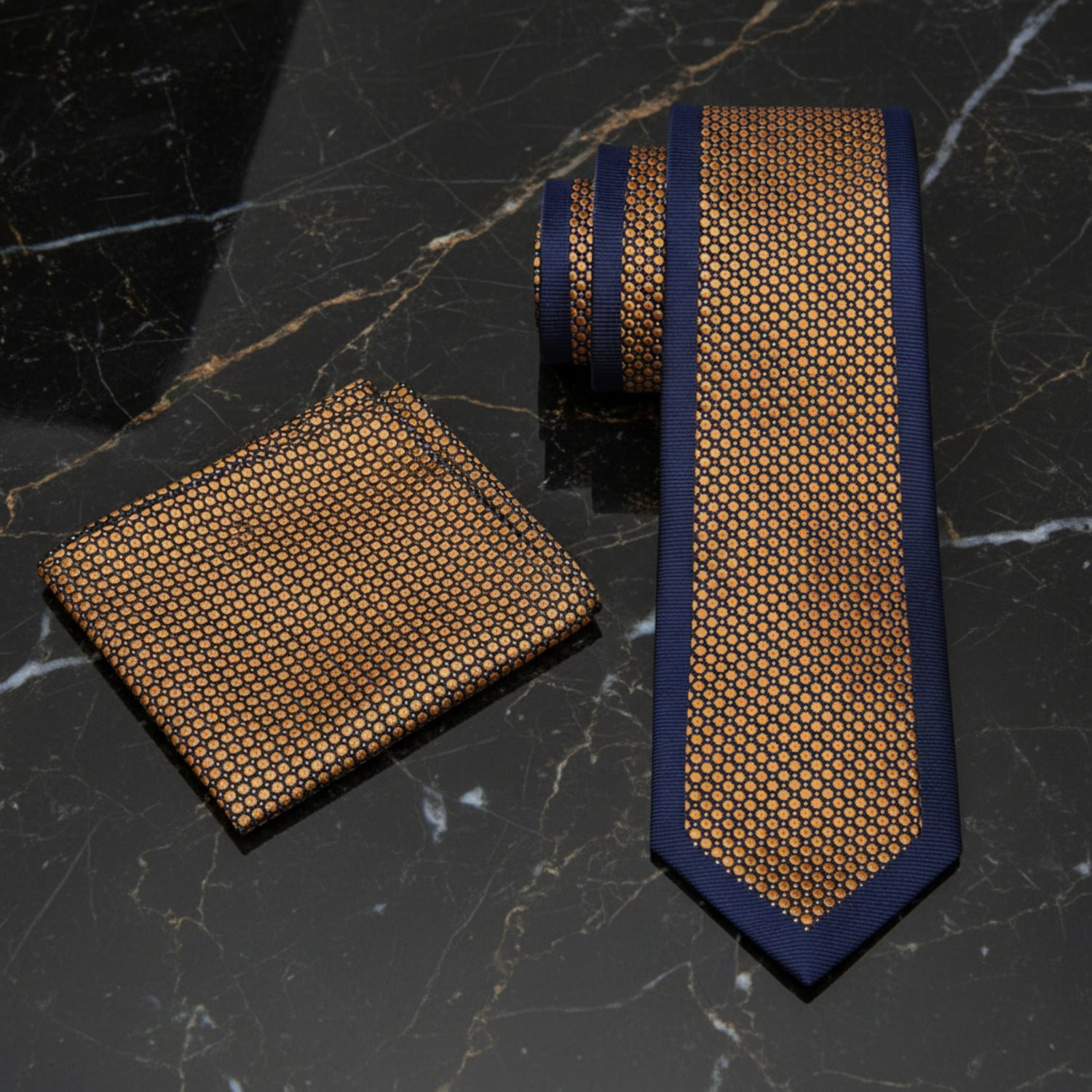 Alt View: Blue, Gold Geometric Tie and Pocket Square