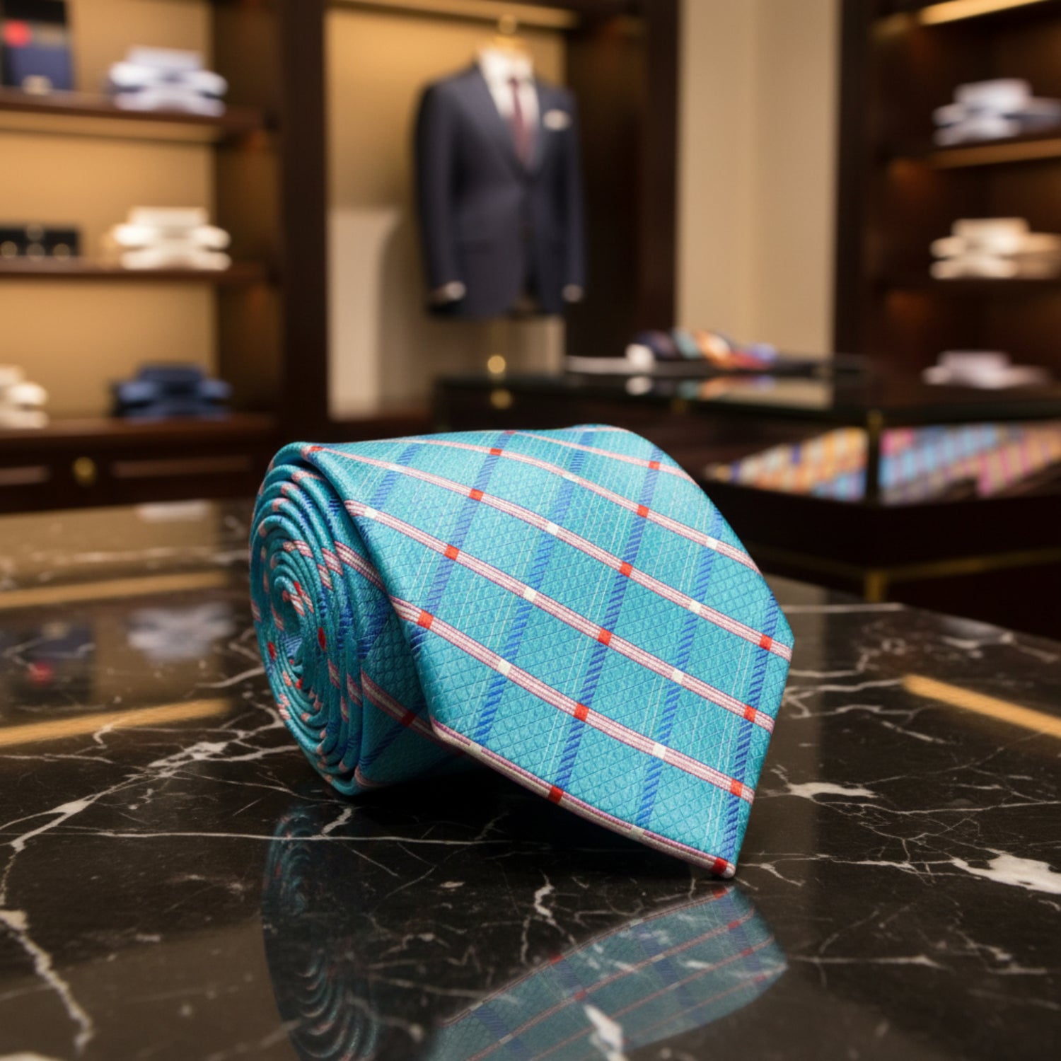 A Light Blue, Pink, Silver With Geometric Diamond Pattern And Small Checks Pattern Necktie  