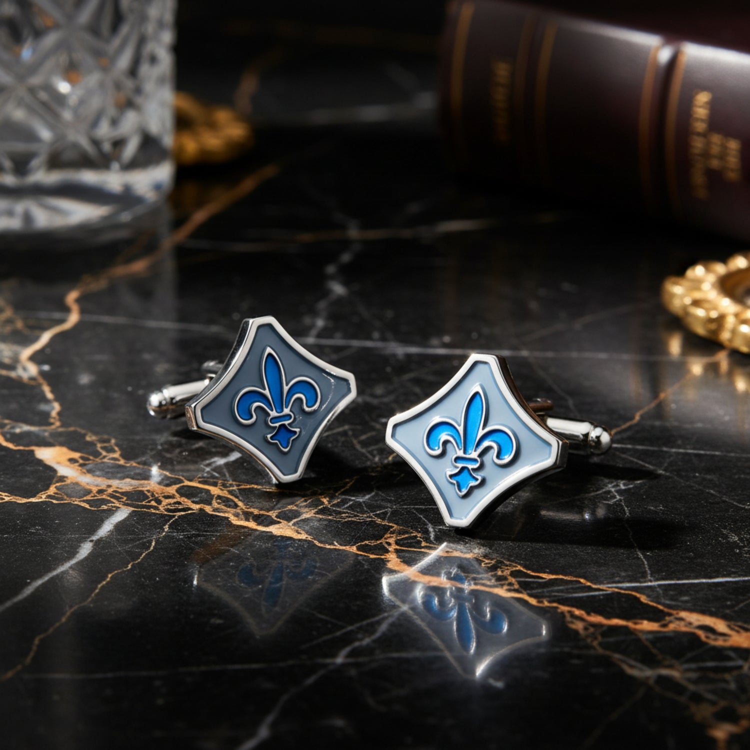 Alt View: Chrome with Blue Fleur De Lis Cufflinks