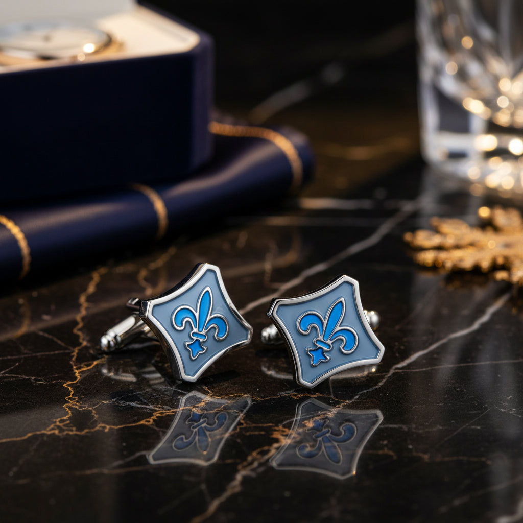 Chrome with Blue Fleur De Lis Cufflinks