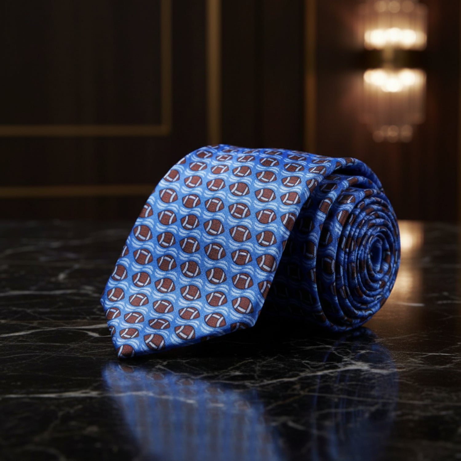 Blue, Brown Footballs Tie