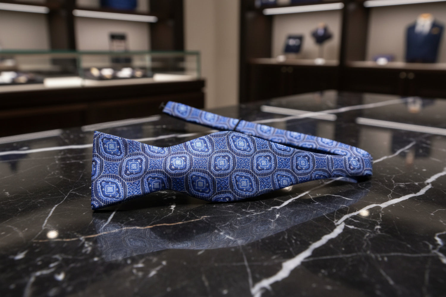 Self Tie: A Blue Abstract Shapes Pattern Self Tie Bow Tie