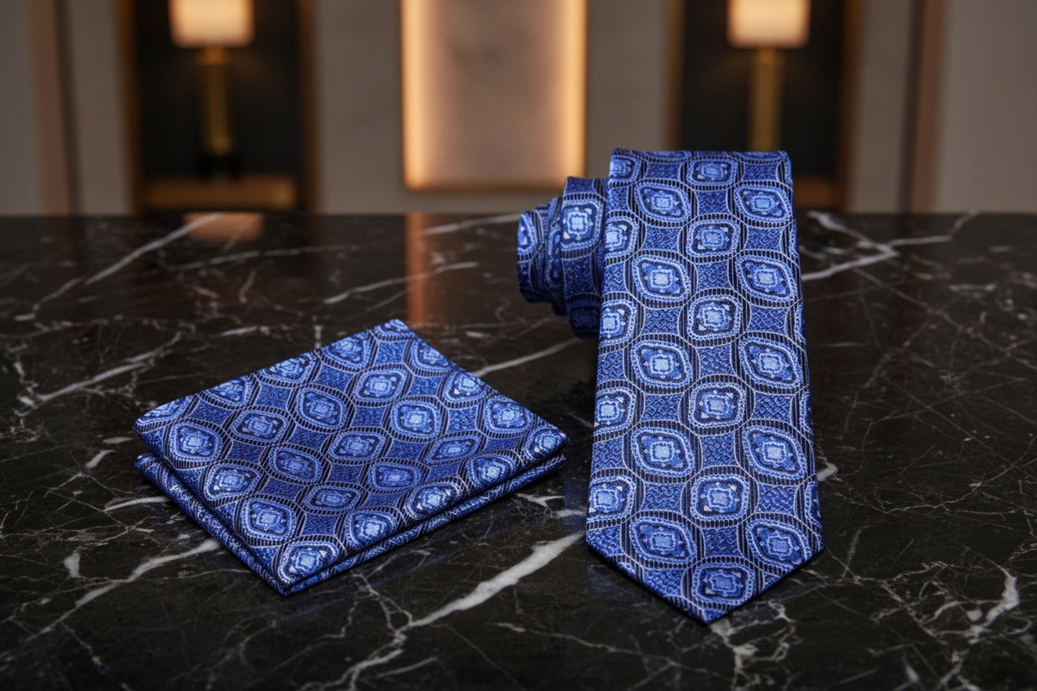 View 2: Blue Geometric Tie and Pocket Square