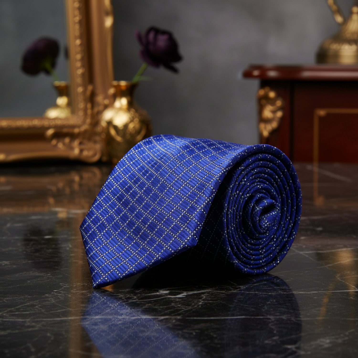 A Dark Blue Geometric Diamond Pattern Necktie 