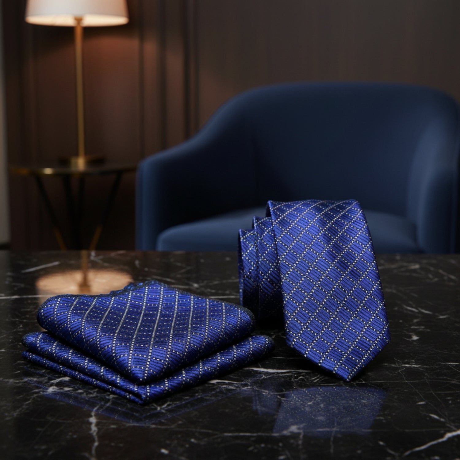 View 2: A Dark Blue Geometric Diamond Pattern Necktie, Matching Pocket Square