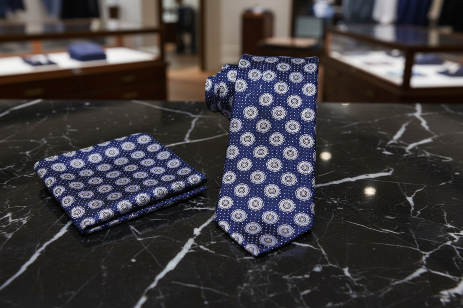 Alt View: Blue, Grey, Yellow Geometric Tie and Pocket Square