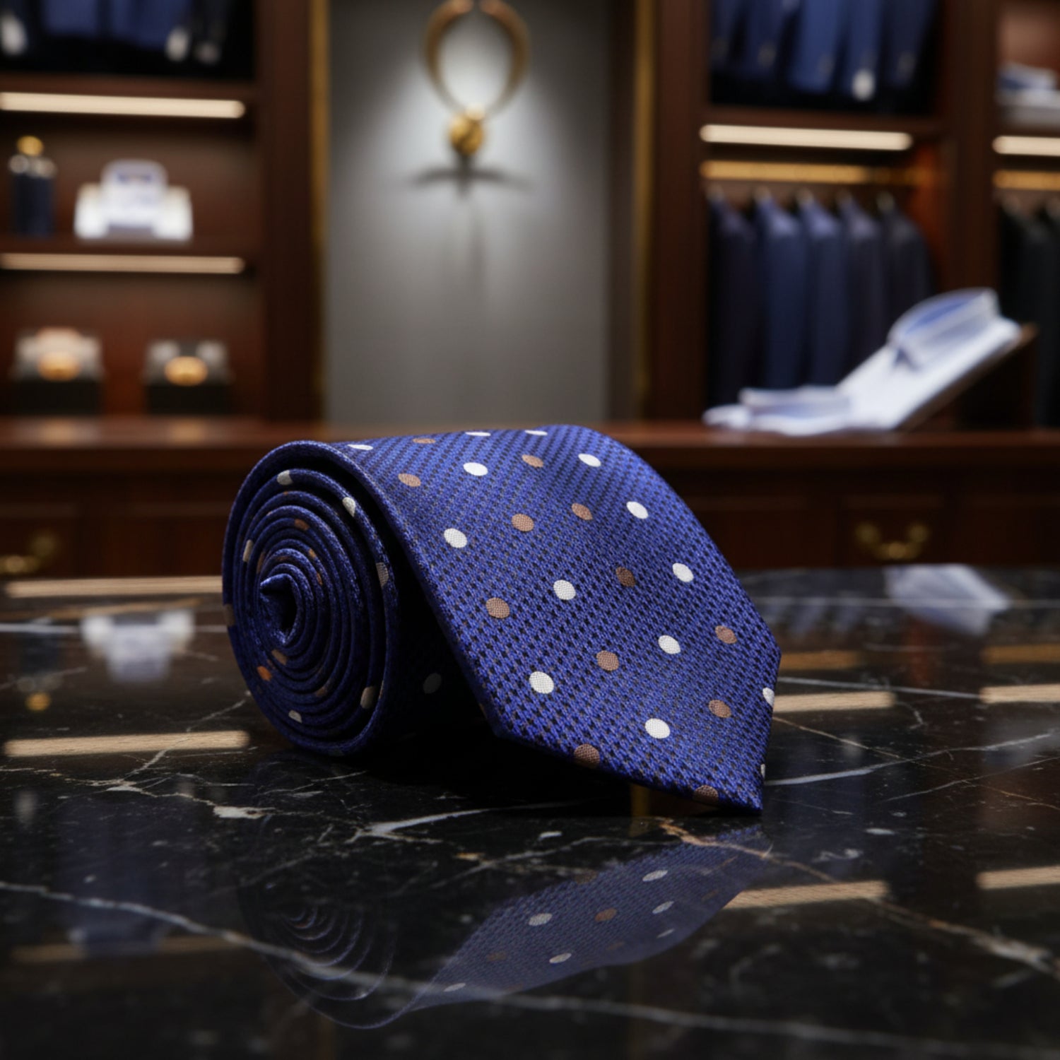 Dark Blue, Gold and Brown Polka Tie