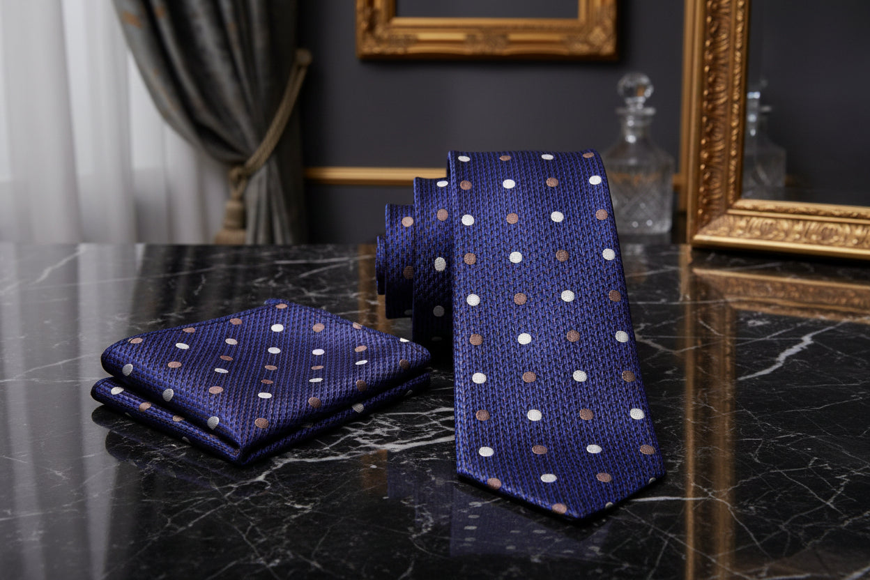 View 2: Dark Blue, Gold and Brown Polka Tie and Square