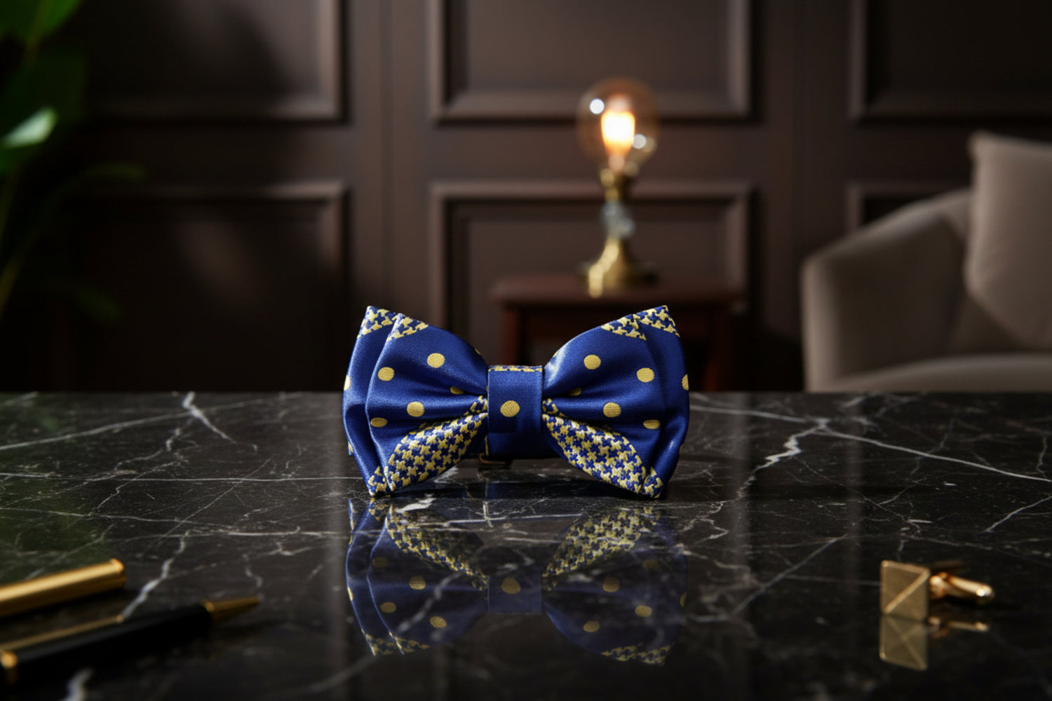 A Blue, Gold Color With Hounds-tooth and Polka Dot Pattern Kids Pre-Tied Bow Tie 