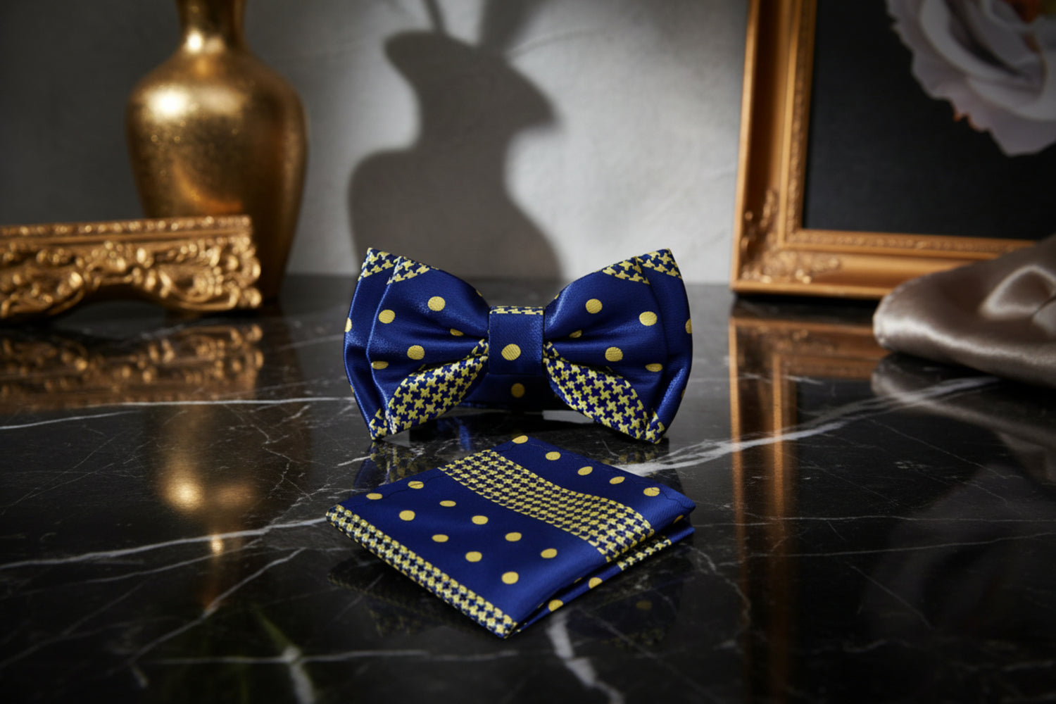 A Blue, Gold Color With Hounds-tooth and Polka Dot Pattern Kids Pre-Tied Bow Tie, Matching Pocket Square