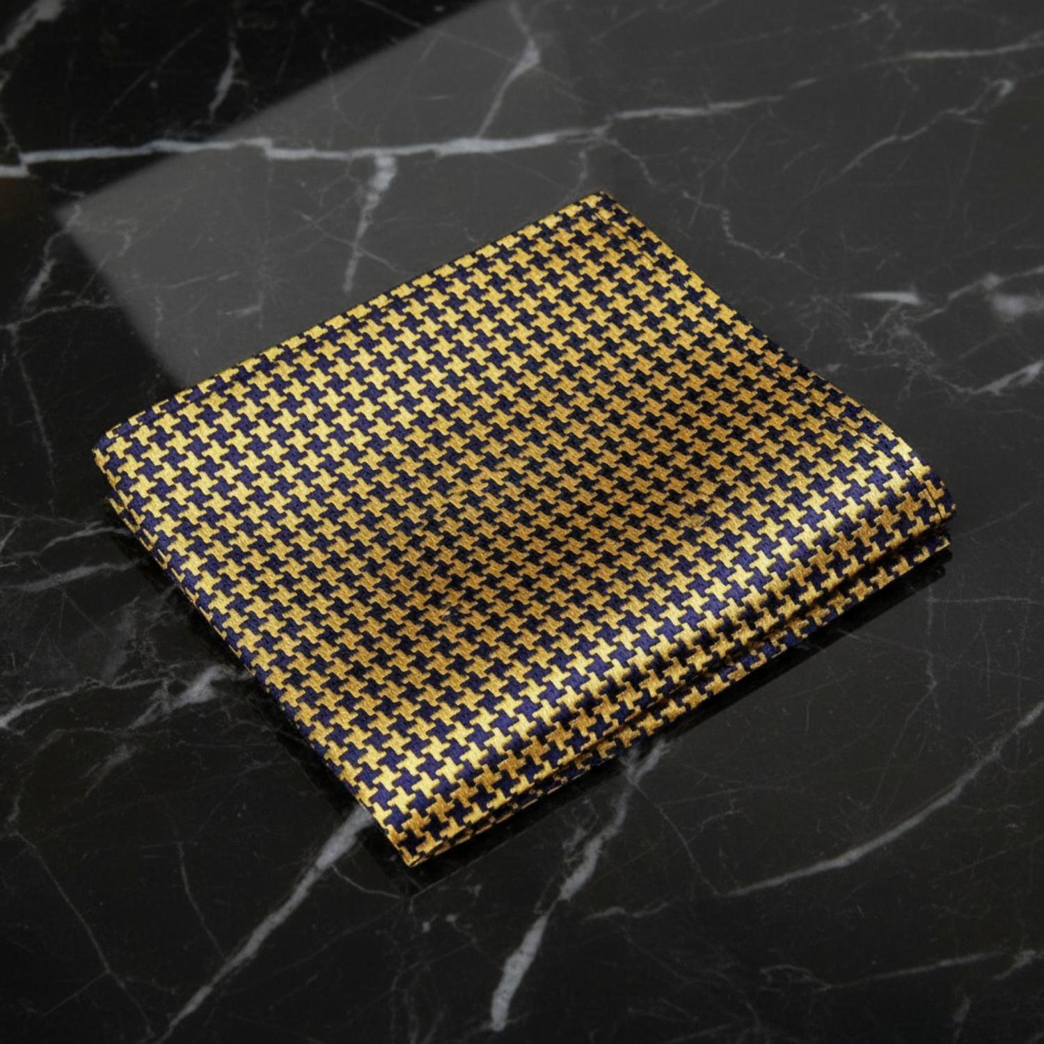 A Gold, Blue Geometric Hounds Tooth Pattern Pocket Square
