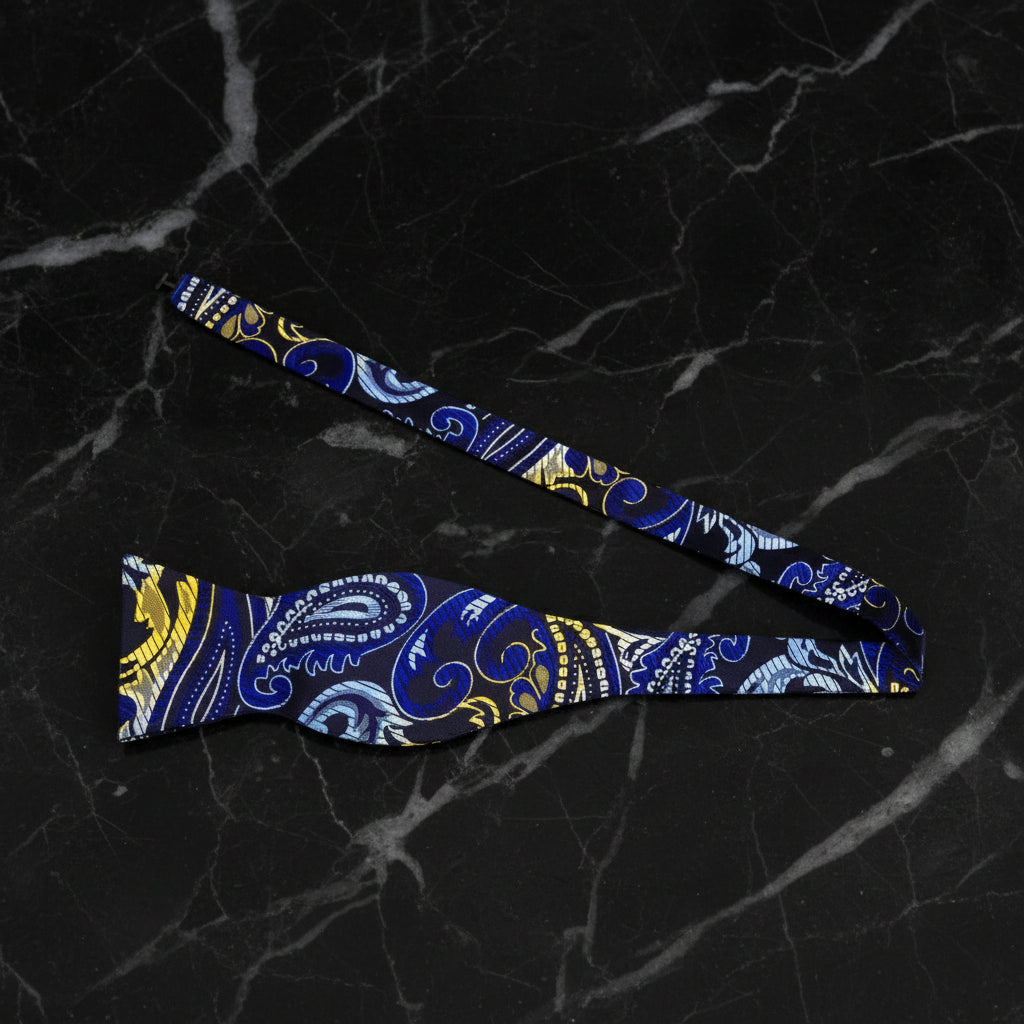 View 2: A Blue, Light Blue, Yellow Paisley Pattern Self Tie Bow Tie