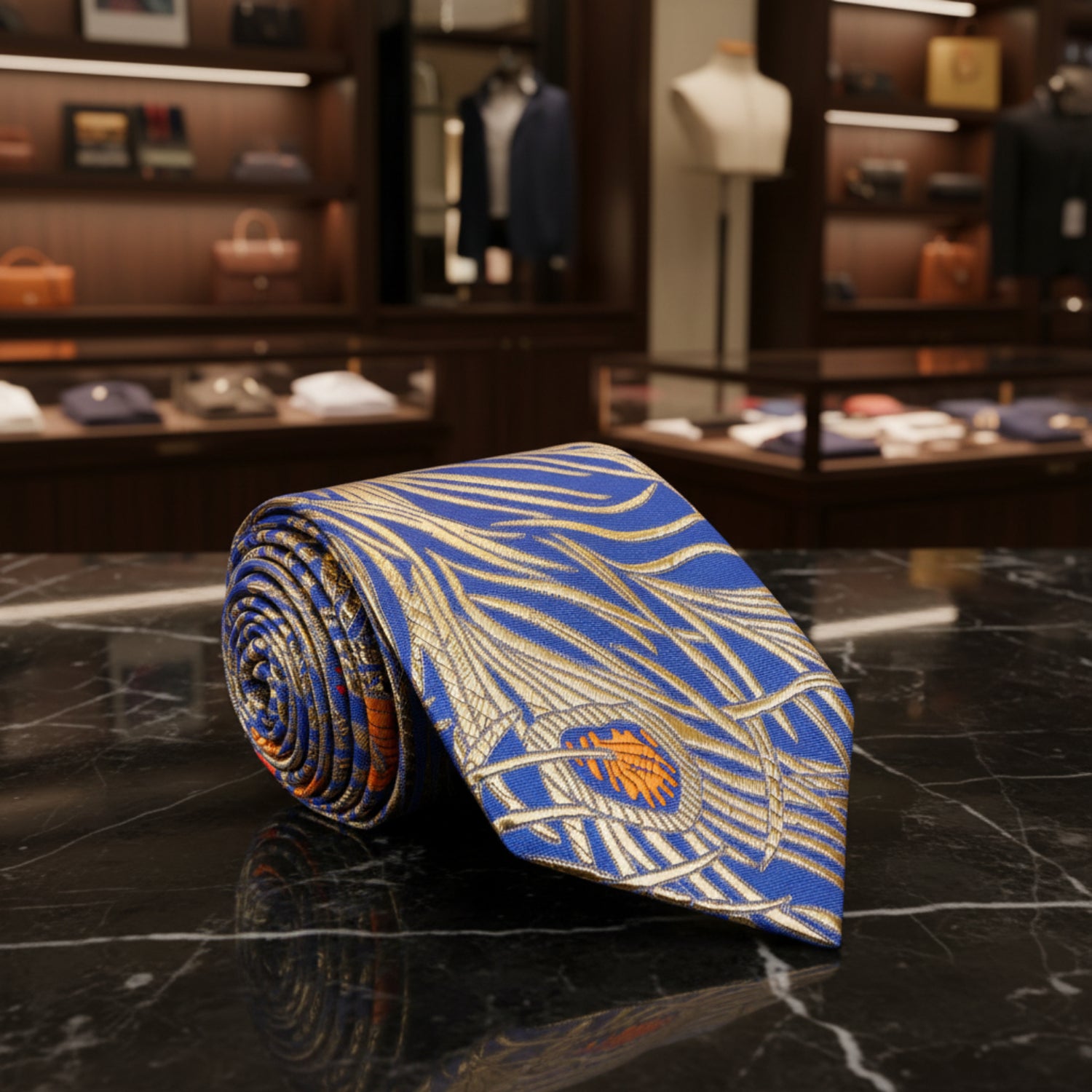 A Bright Blue With Metallic Gold, Blue, Red And Orange Color Abstract Peacock Pattern Necktie 