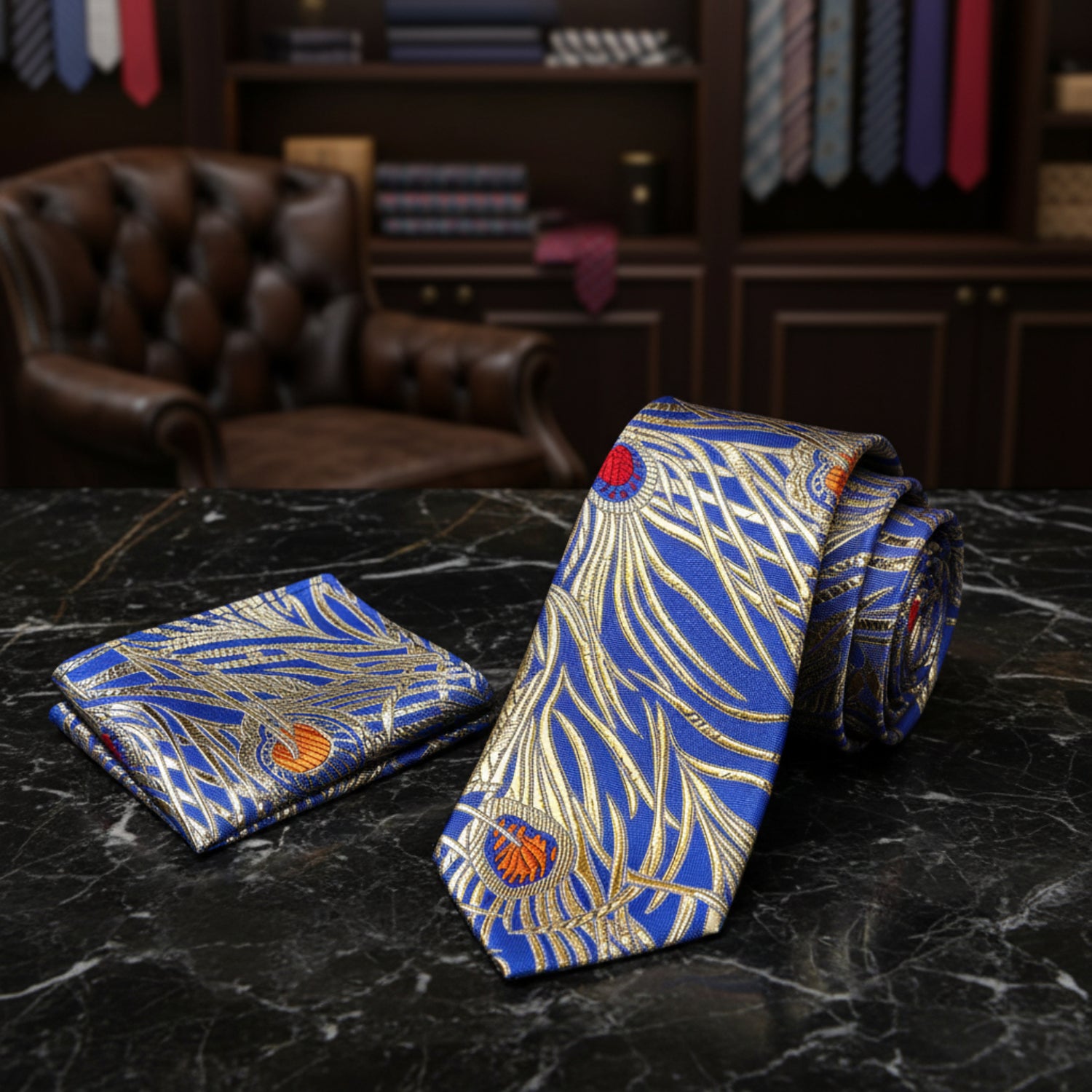 Alt View: A Bright Blue With Metallic Gold, Blue, Red And Orange Color Abstract Peacock Pattern Necktie, Matching Pocket Square