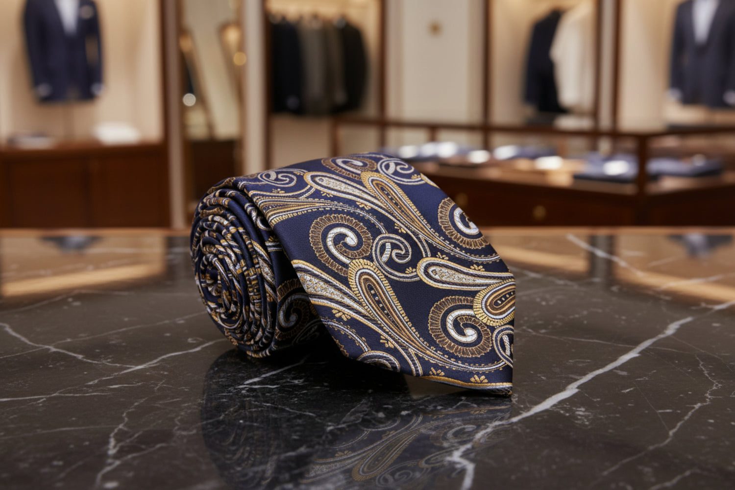 A Light Gold, Dark Blue Paisley Pattern Necktie 
