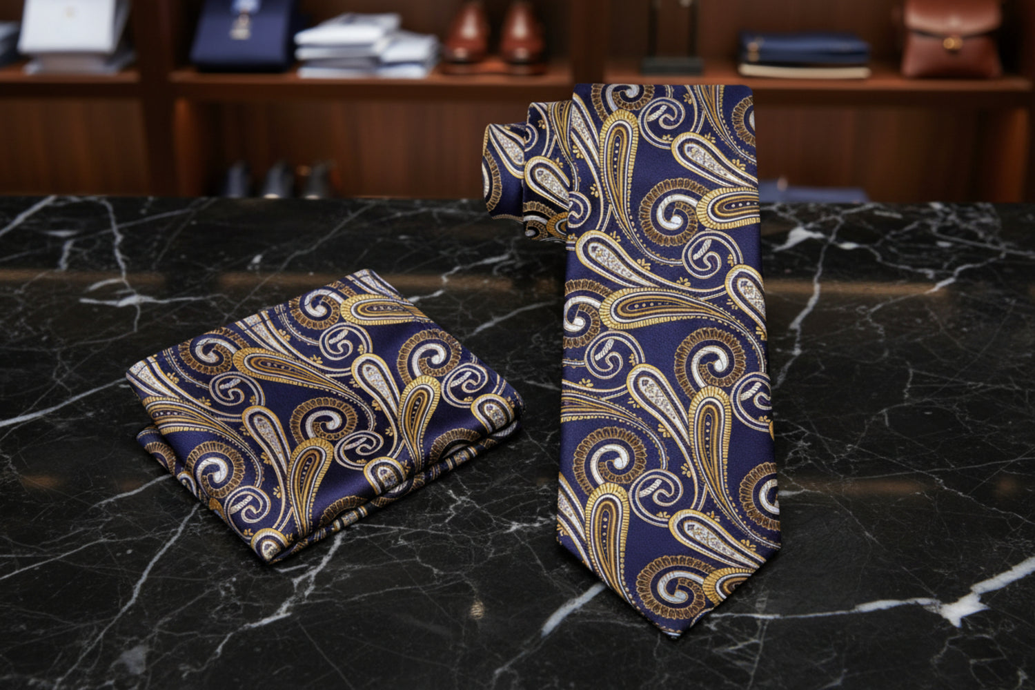 Alt View: A Light Gold, Dark Blue Paisley Pattern Necktie, With Matching Pocket Square