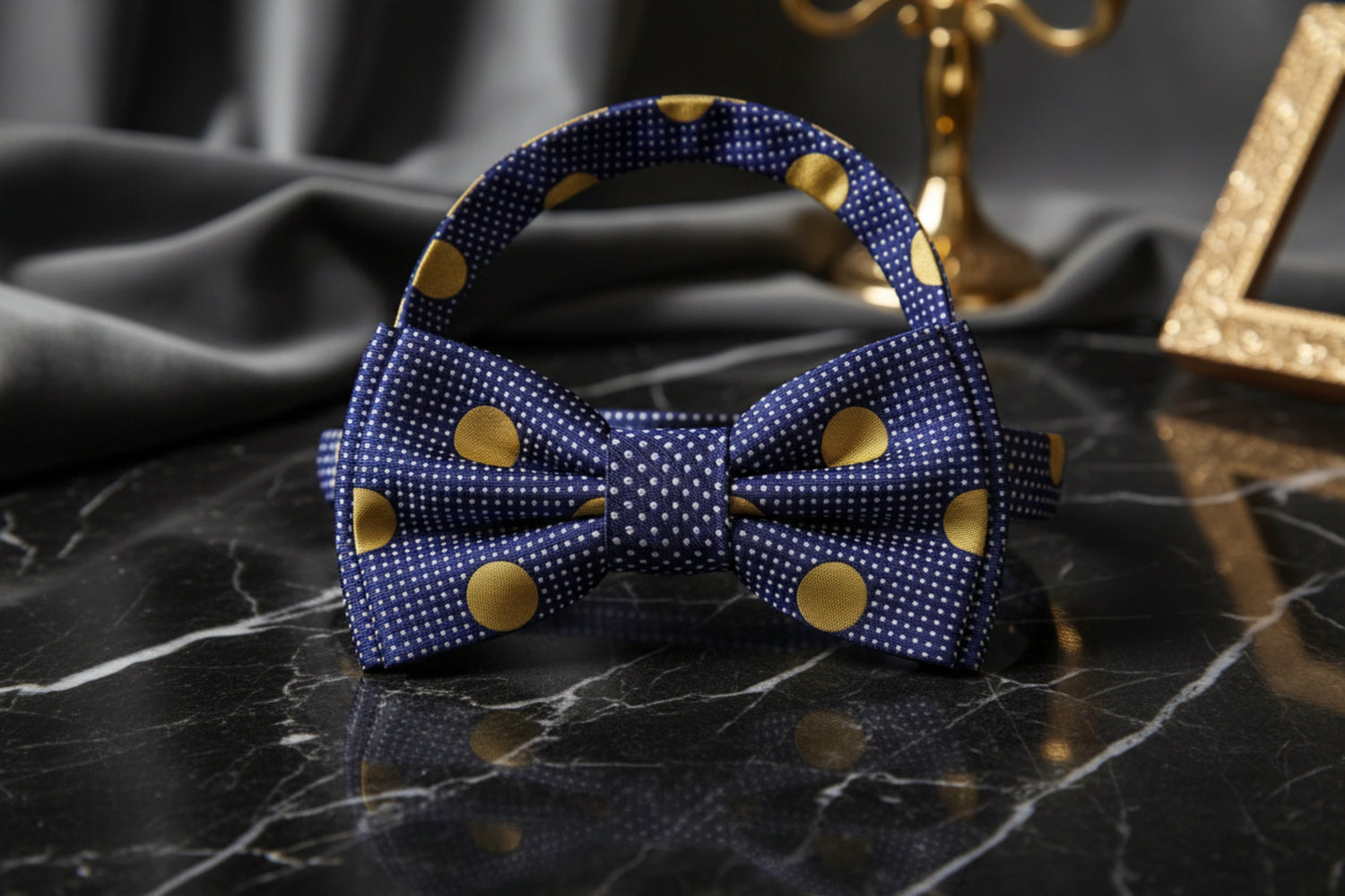 Dark Blue, Gold and White Polka Bow Tie pre Tied