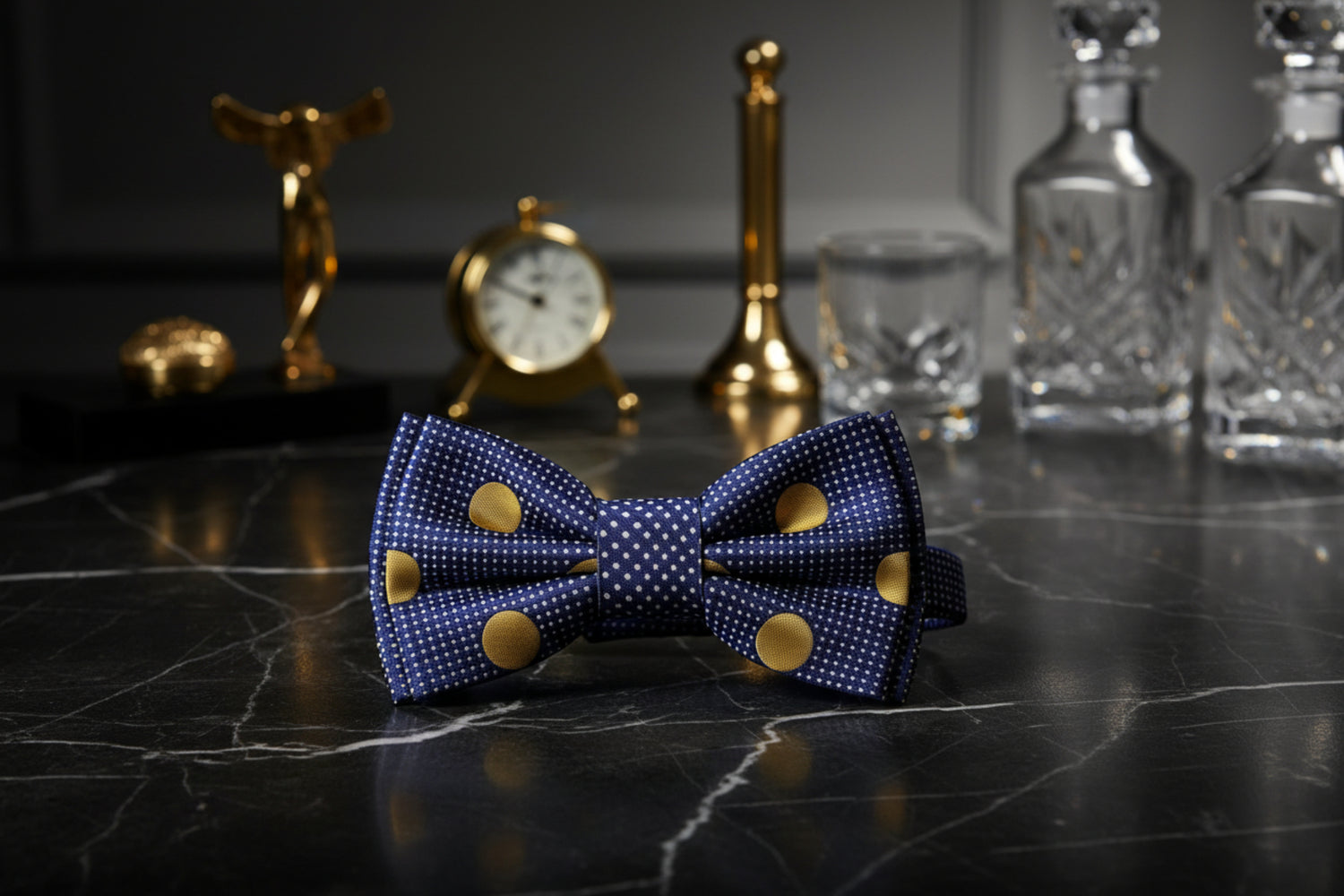 Dark Blue, Gold Dots Bow Tie