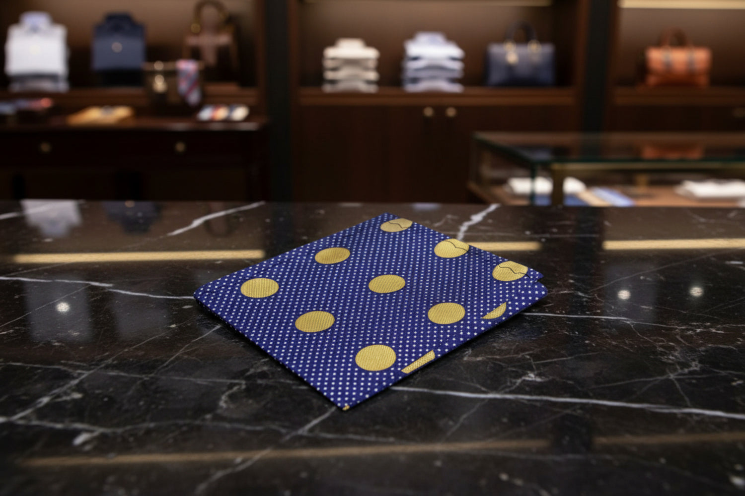 A Dark Blue, Gold Dot Pattern Pocket Square