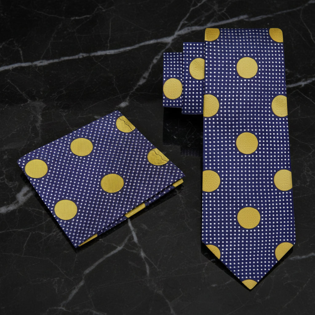 Alt view: blue gold polka tie and square
