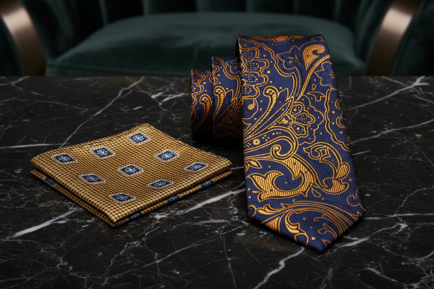 Alt View: A Dark Blue, Gold Abstract Paisley Pattern Necktie, Accenting Pocket Square