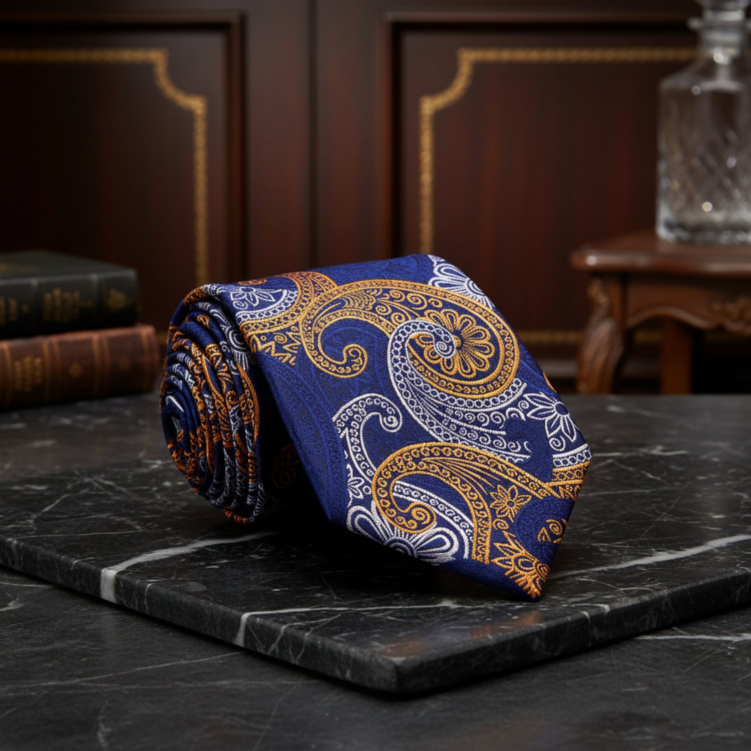 A Dark Blue, Yellow, White Paisley Pattern Necktie  
