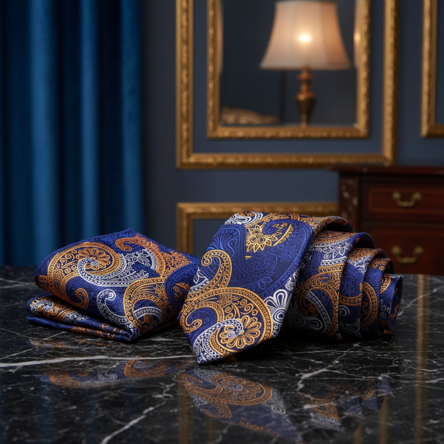 Alt View: A Dark Blue, Yellow, White Paisley Pattern Necktie With Matching Pocket Square