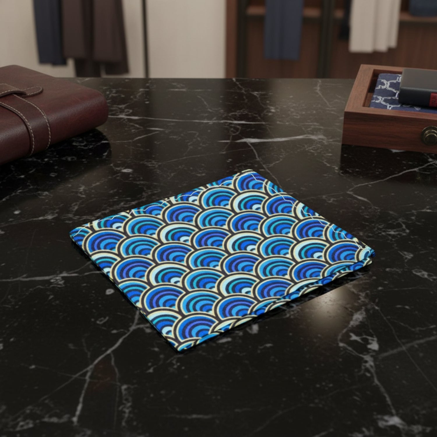 Main View: Blue, Light Blue, Black, Yellow Abstract Pocket Square 