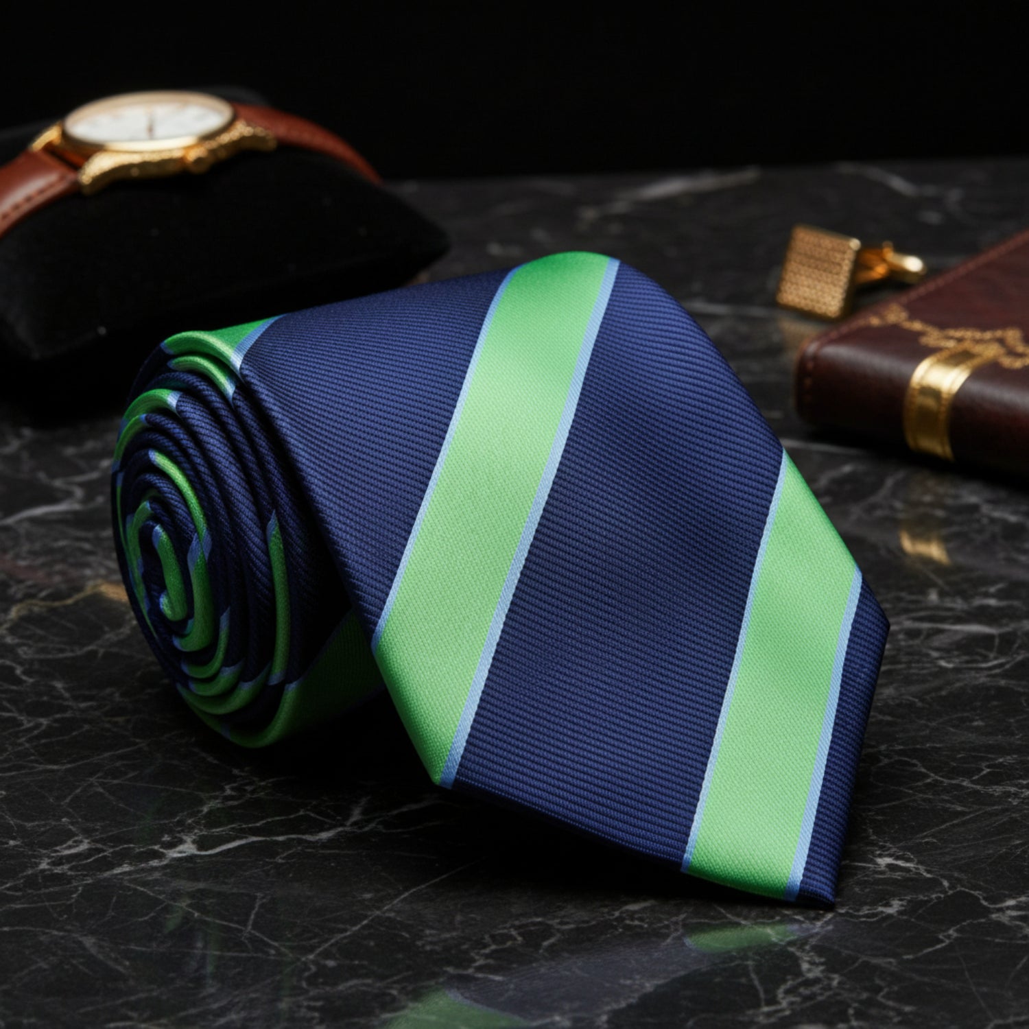A Dark Blue, Bright Green Stripe Pattern Necktie 