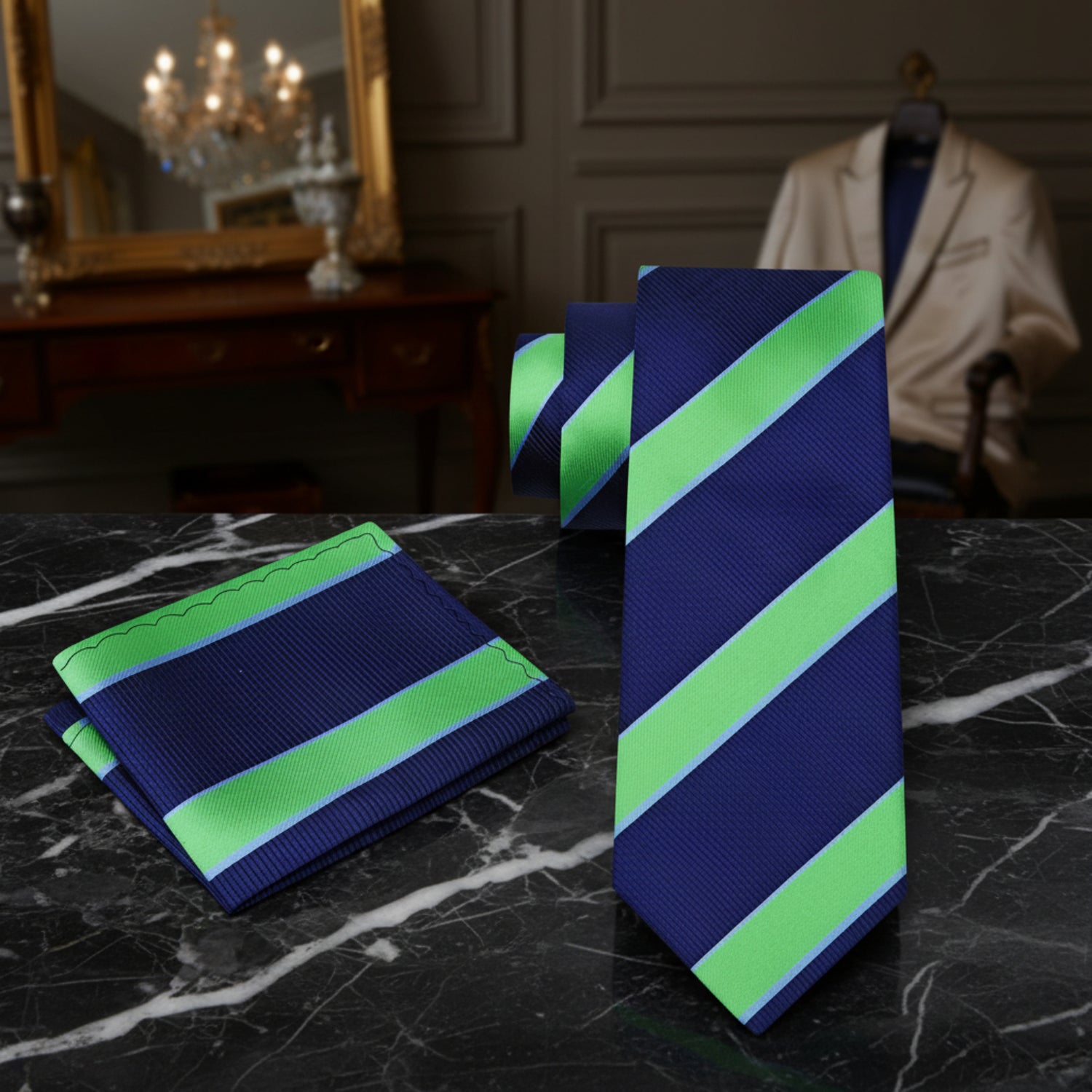 Main View: A Dark Blue, Bright Green Stripe Pattern Necktie, With Matching Pocket Square