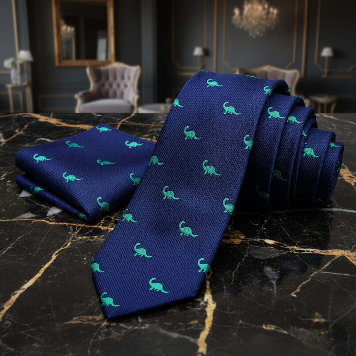 Blue, Green Brontosaurus Tie and Pocket Square