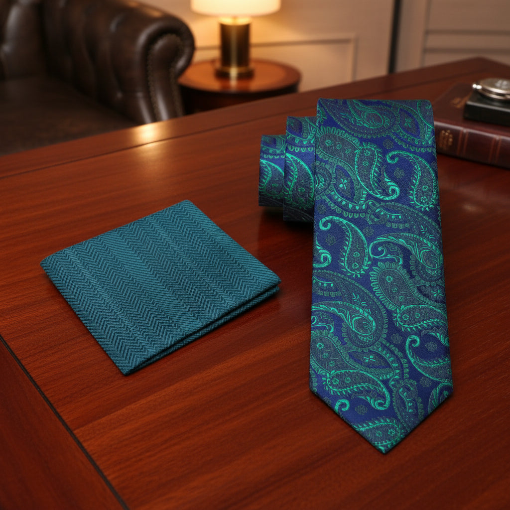 Alt View: A Green, Blue Paisley Pattern Necktie, Teal Pocket Square