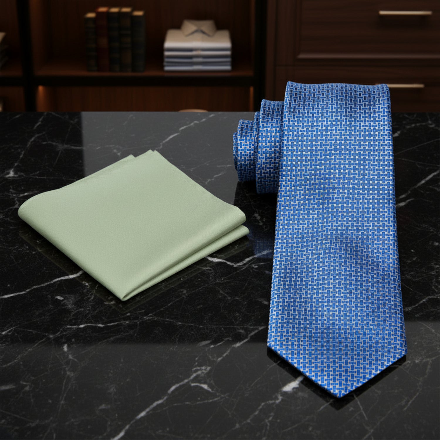 Alt View: Blue, Green Geometric Fresh Creek Tie and Square