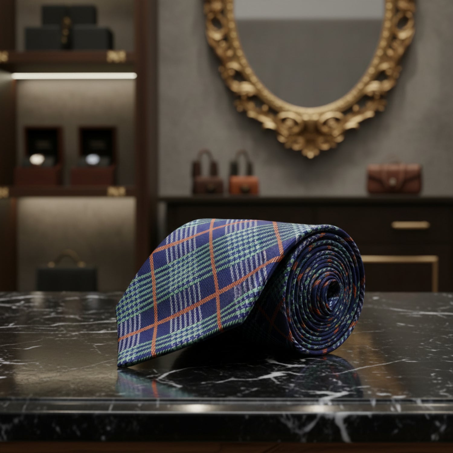 A Green, Blue, Orange Plaid Pattern Necktie 