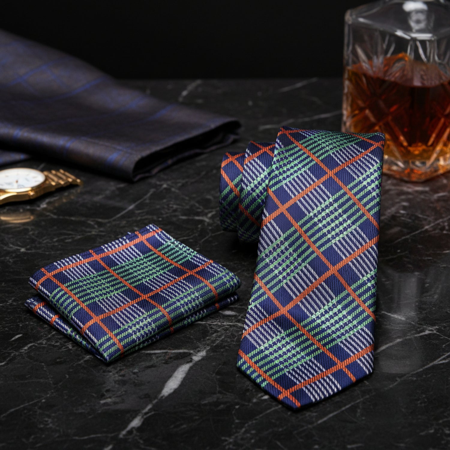 Alt View: A Green, Blue, Orange Plaid Pattern Necktie, Matching Pocket Square