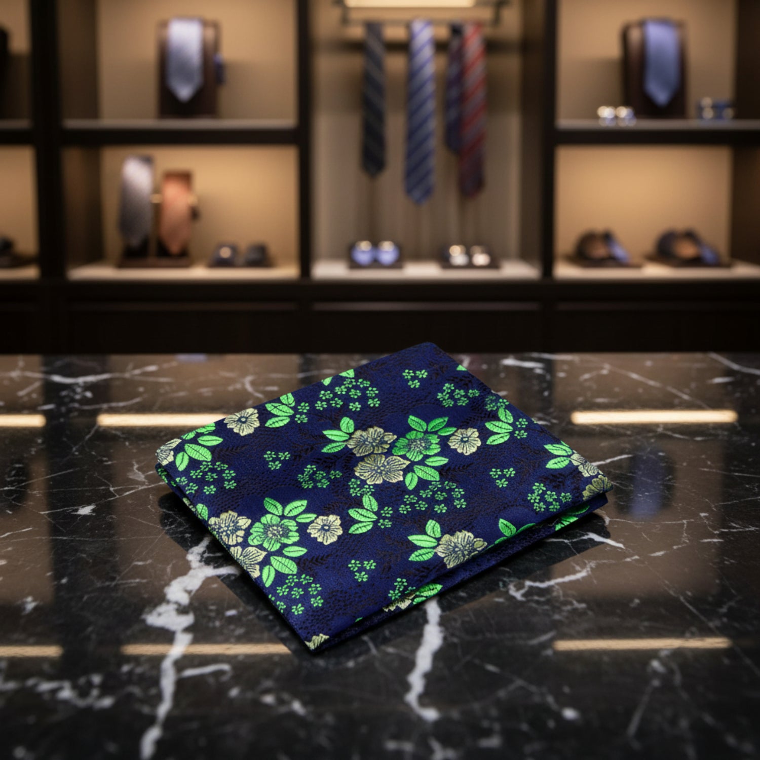 A Blue, Light Blue Detailed Flowers Pattern Pocket Square