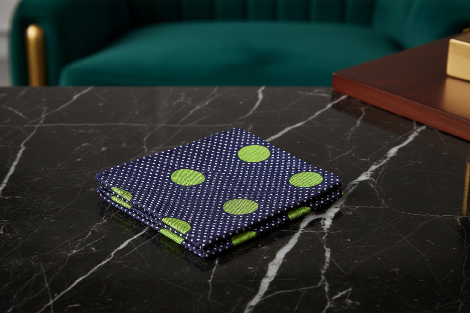 A Dark Blue, Green Dot Pattern Pocket Square