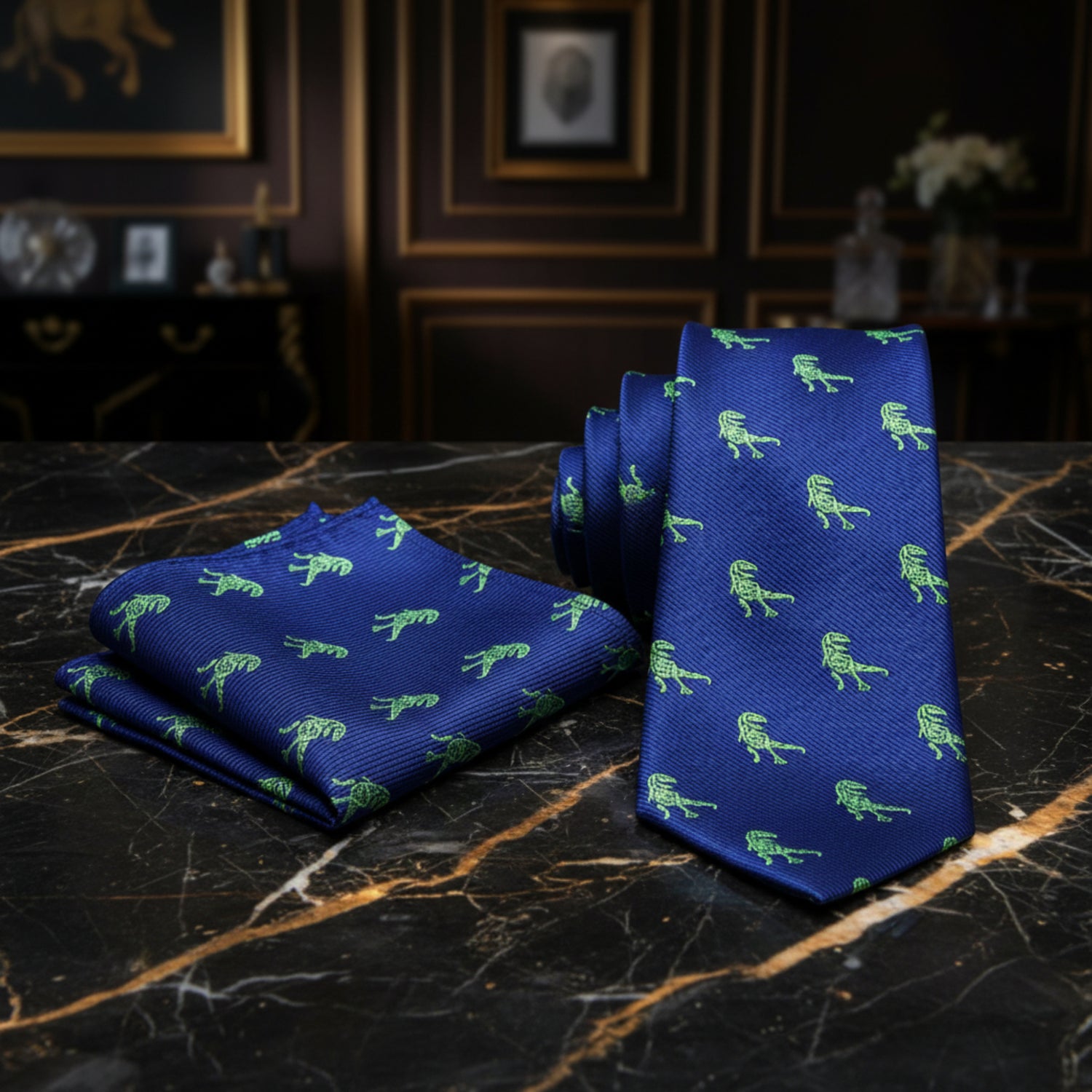 Blue, Green T Rex Tie and Pocket Square