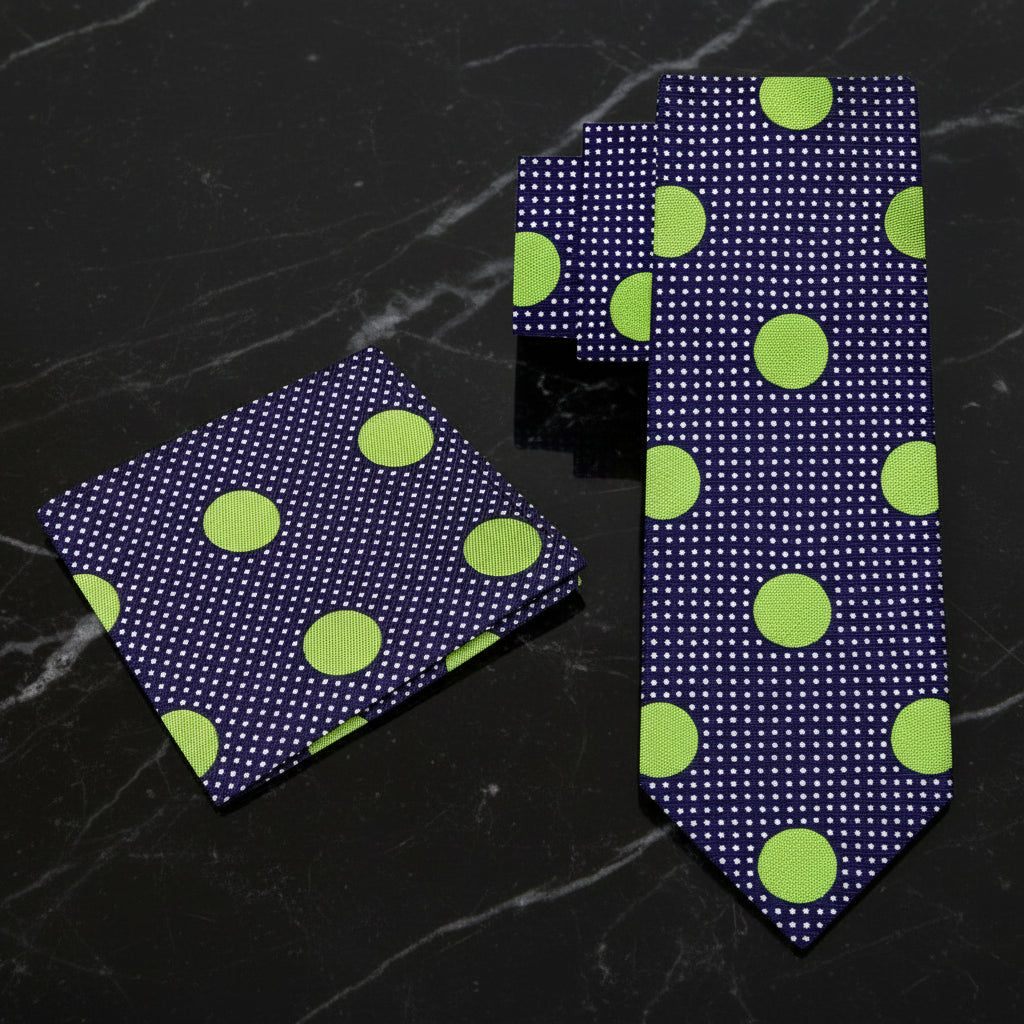 Alt View: A Dark Blue, Green Dots Pattern Necktie, Matching Pocket Square