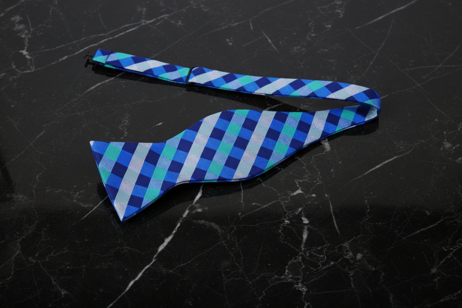 A Green, Dark Green, Grey Geometric Check Pattern Self Tie Bow Tie Untied